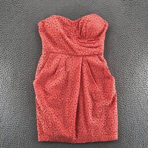 Jodi Kristopher Dress Womens 9 Coral Sheath Mini Strapless Lace Pleats Pockets